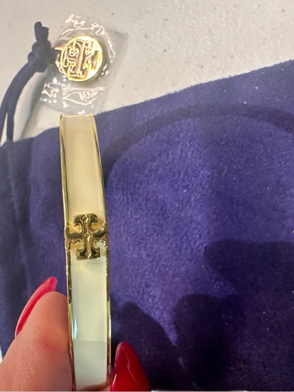 Tory Burch Cream Enamel and Gold Logo Hinge Bangle